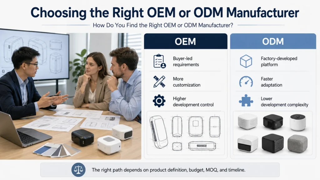 Three professionals discussing product design with sketch and prototypes on a table, highlighting OEM and ODM manufacturer options.
