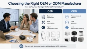 Three professionals discussing product design with sketch and prototypes on a table, highlighting OEM and ODM manufacturer options.
