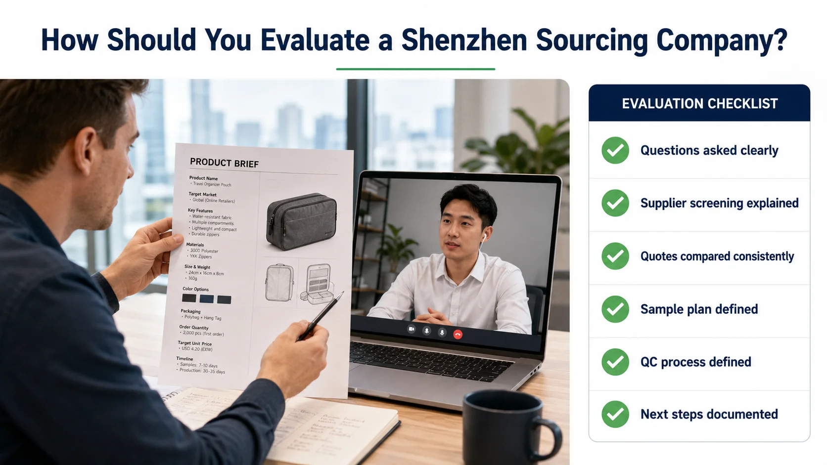 Buyer evaluating a reliable Shenzhen sourcing company using supplier verification checklist