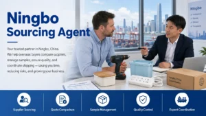 Two professionals discussing China sourcing services in an office with a view of Ningbo port. Icons showcase supplier sourcing, quote comparison, sample management, quality control, and export coordination.