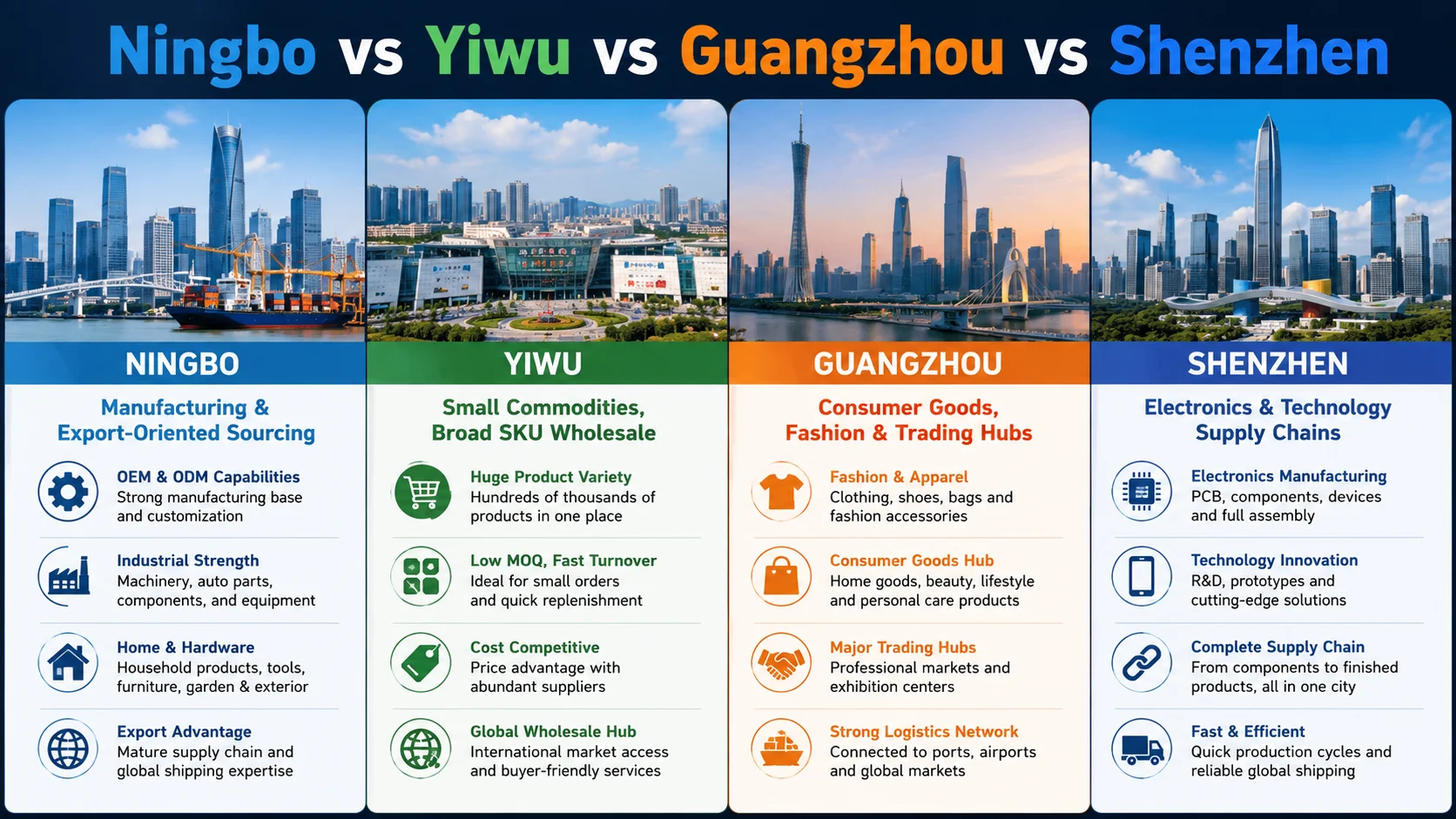 Ningbo sourcing agent compared with Yiwu Guangzhou and Shenzhen