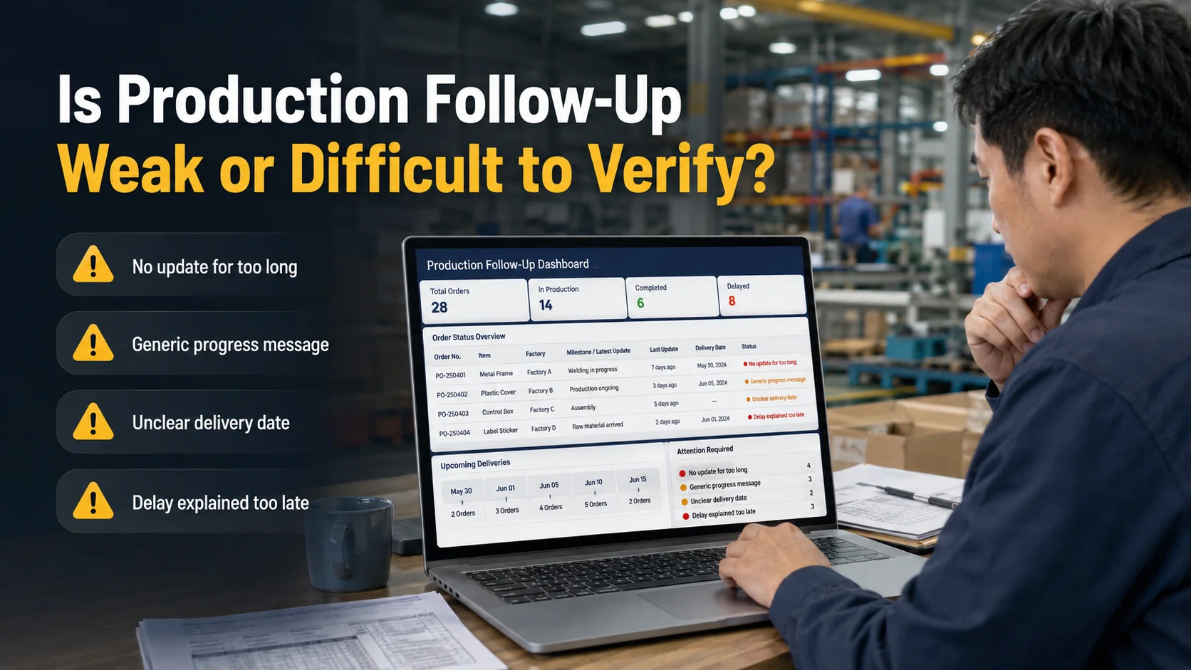 Production follow up verification China sourcing agent red flags in production follow up and delivery updates