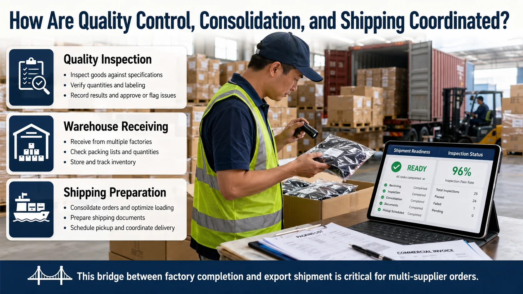 China sourcing agent for wholesale buyers coordinating quality control and consolidation