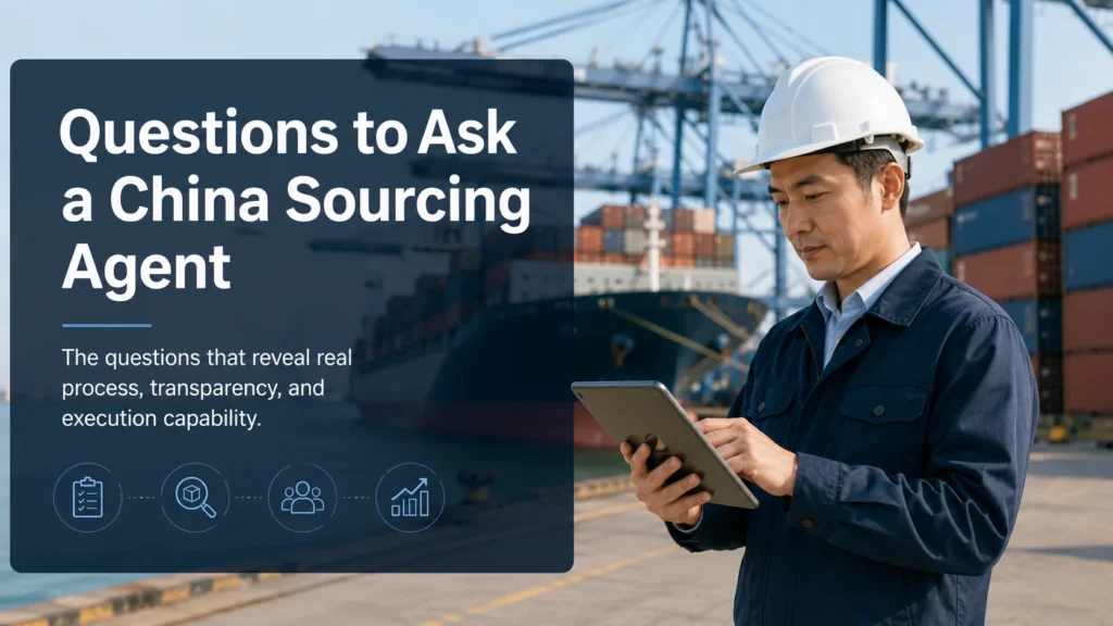 Man in a white safety helmet using a tablet at a shipping port with cranes, cargo containers, and a cargo ship in the background. Text overlay reads 'Questions to Ask a China Sourcing Agent'.