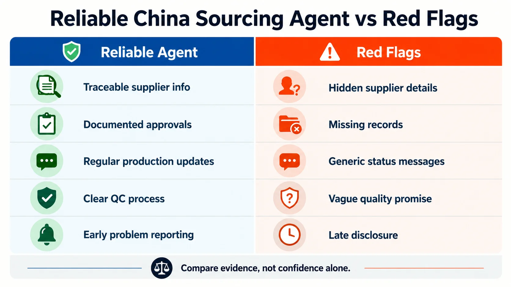 Reliable sourcing agent comparison table Reliable China sourcing agent versus sourcing agent red flags comparison