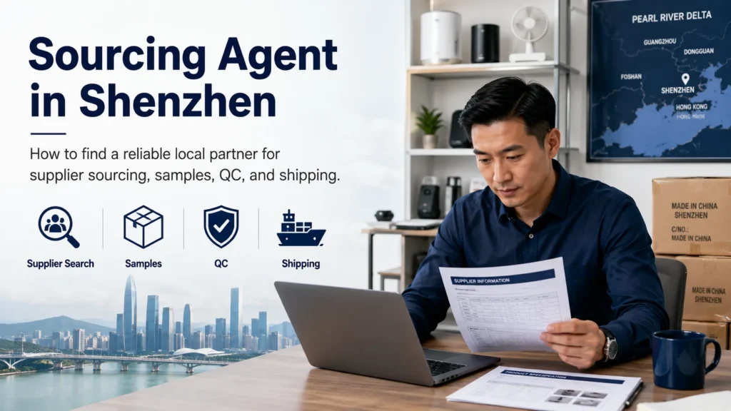 Businessman reviewing supplier information sheet at desk with Shenzhen skyline in background, highlighting supplier search, QC, samples, and shipping services.