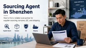 Businessman reviewing supplier information sheet at desk with Shenzhen skyline in background, highlighting supplier search, QC, samples, and shipping services.