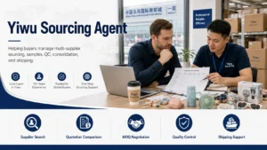 Two men discussing supplier quotation at a desk in an office environment. The office features Yiwu-related branding and products on the table, with service details for sourcing, QC, and shipping.