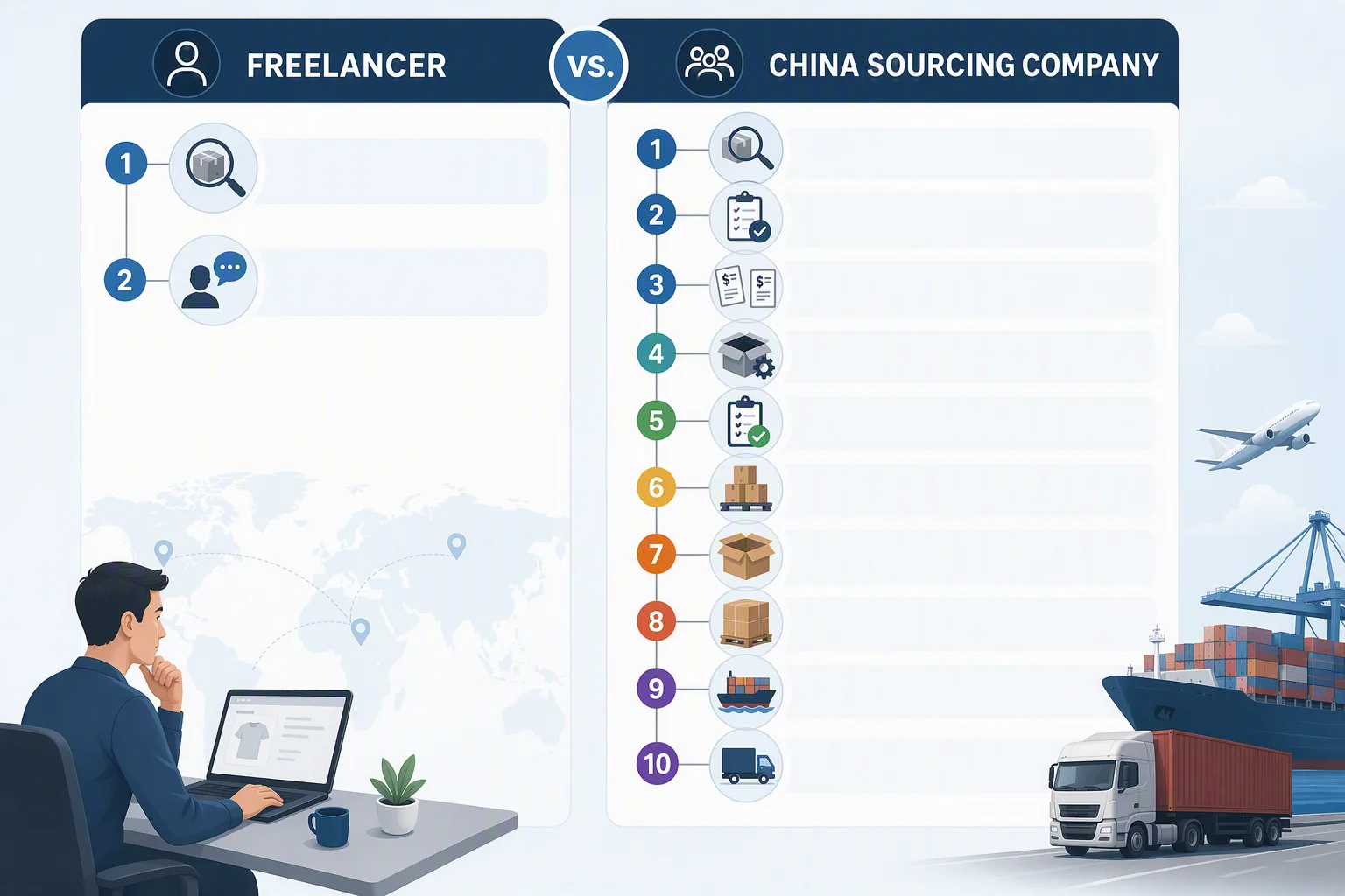 Freelancer and China sourcing company procurement workflow comparison