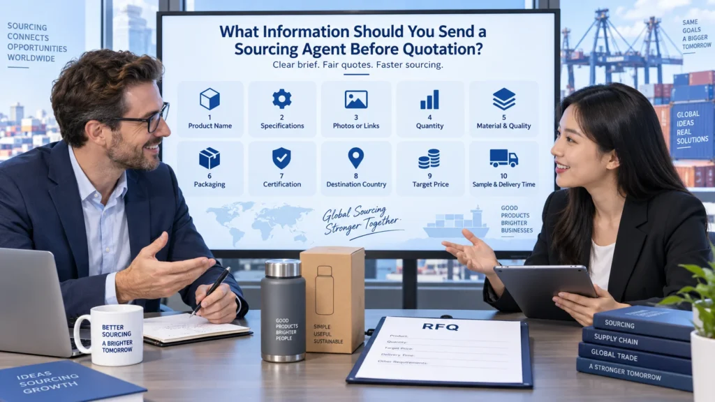 Two professionals discussing sourcing requirements at a desk with a display showing sourcing guidance, sample products, and documents.