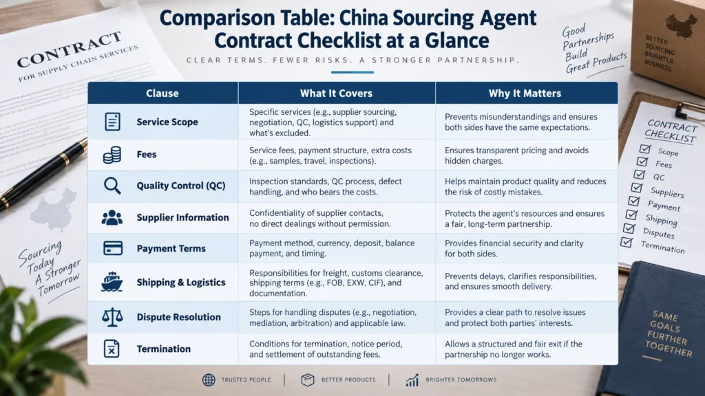 Detailed comparison table outlining contract clauses for China sourcing agent services, including service scope, fees, and quality control.