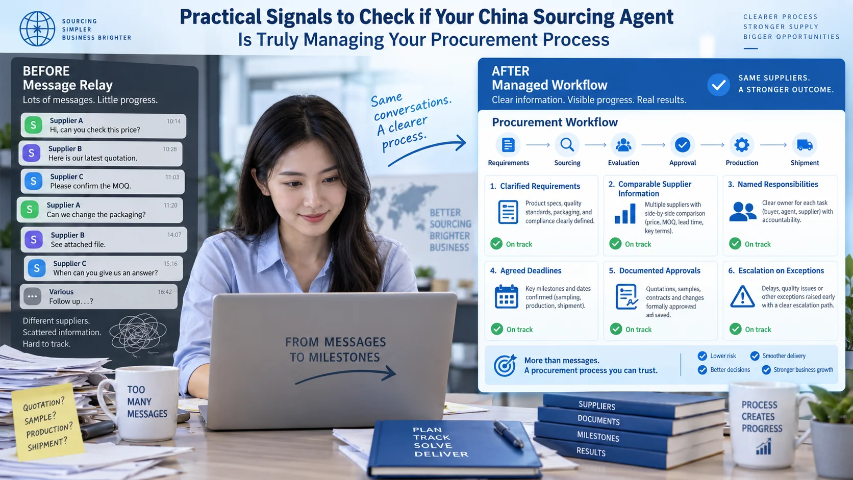 Sourcing agent reviewing supplier comparison, production schedule, and quality control checklist