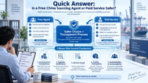 Infographic comparing the benefits of free China sourcing agents versus paid services, emphasizing transparency and buyer control checkpoints.