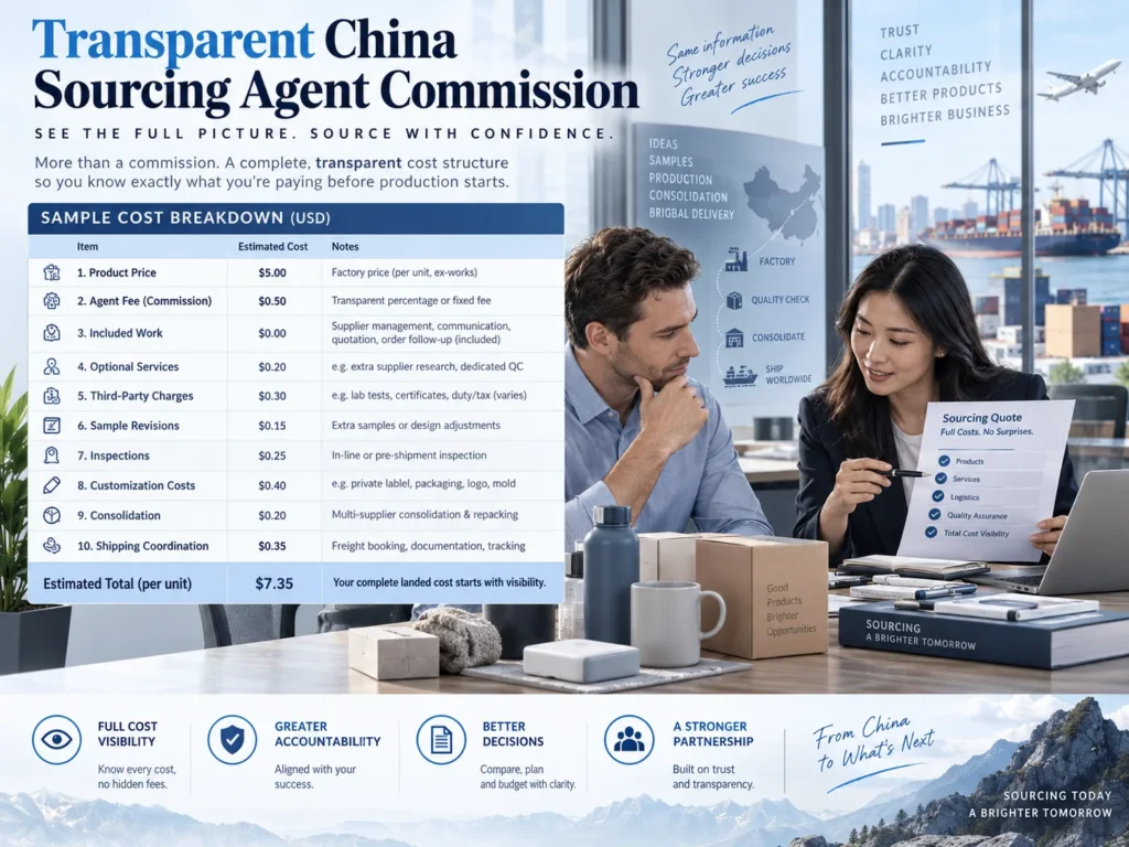 Business professionals discussing a transparent China sourcing cost structure with a detailed cost breakdown chart, highlighting trust, clarity, and accountability.